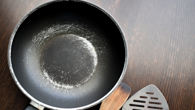 a scratched up nonstick pan