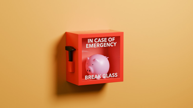 piggy bank behind emergency glass