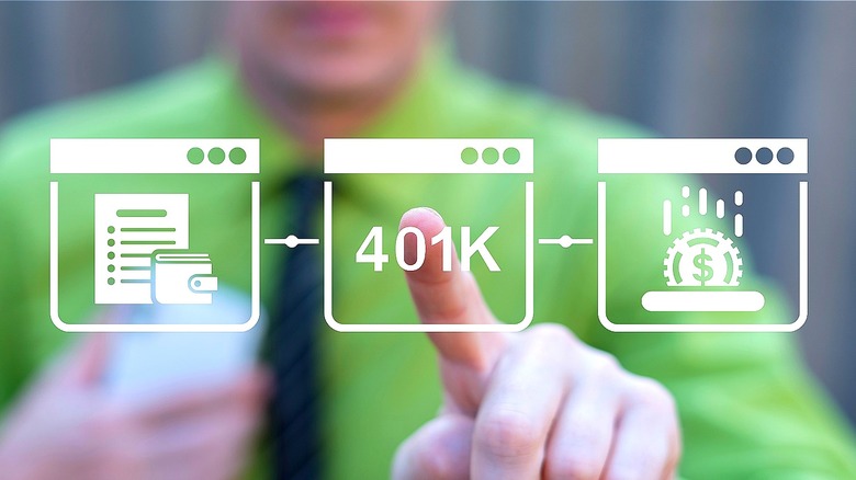 Screen perspective of an out-of-focus person pointing their finger at 401(k) icon