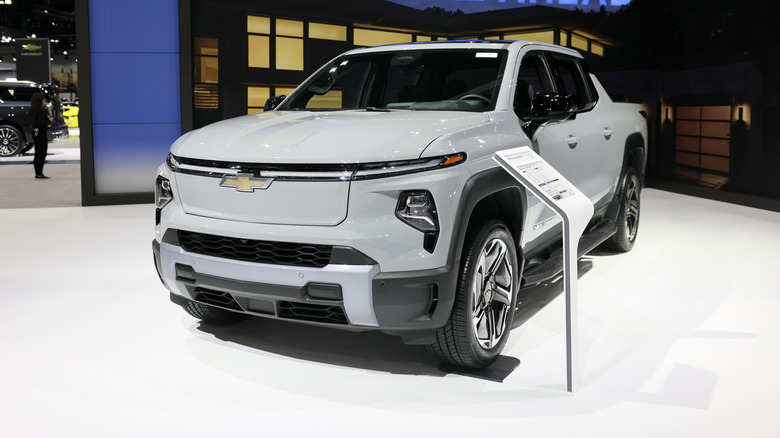 The Chevrolet Silverado EV on display during an auto show