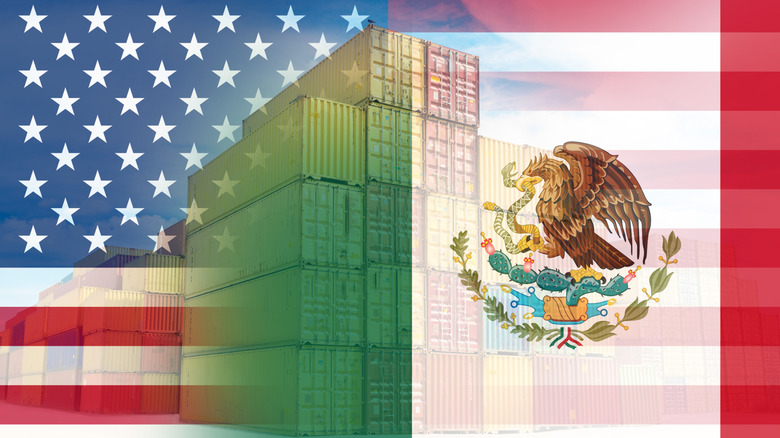 American and Mexican flags superimposed over shipping containers