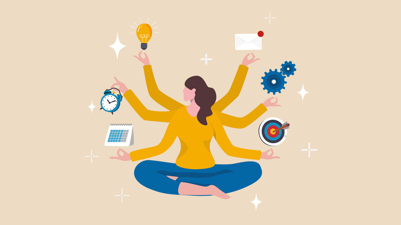 An artistic representation of productivity and multitasking, using a 6-armed goddess concept paired with productivity icons like alarm clocks and light bulbs to convey a sense of mastering time and many obligations at once and with ease.