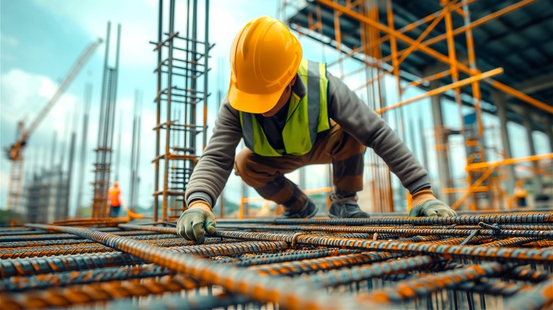 Construction worker laying down pipe