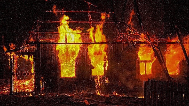 A house fire at night