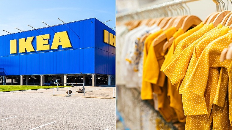 IKEA store image on left, split with clothing rack of yellow baby clothes on the right