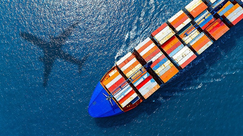 Airplane shadow next to a freighter ship full of shipping containers in the ocean