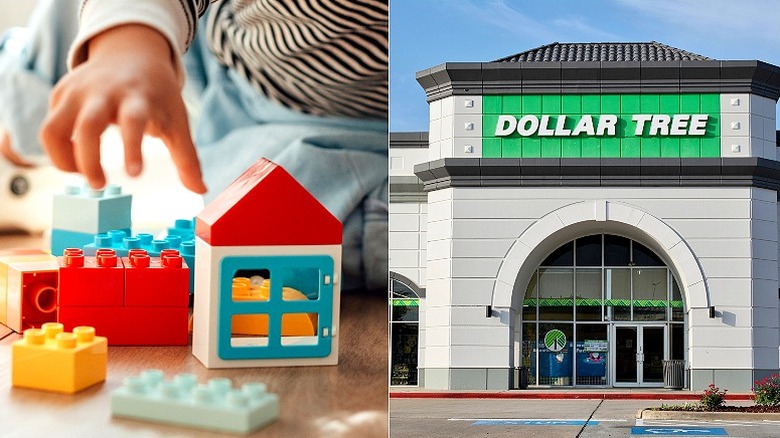 Small child plays with Lego-like toys on left, split with a Dollar Tree storefront on the right