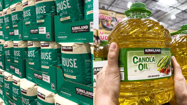 A side-by-side of Kirkland Signature coffee bags and Kirkland Signature canola oil.