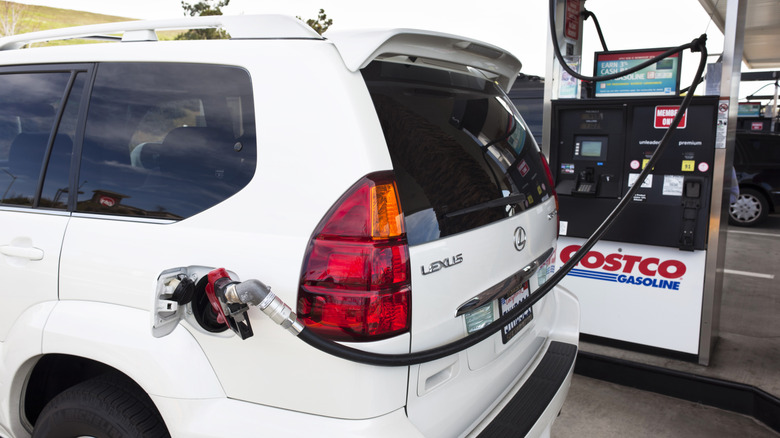 A white Lexus SUV fills of on Costco gas at the pump.