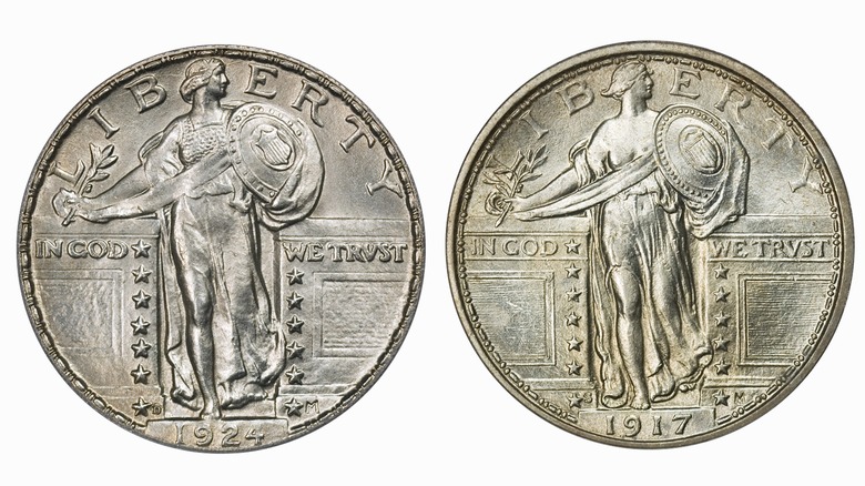 Side by side of the Type 1 and Type 2 Standing Liberty quarter obverse sides, featuring the later chain mail-clad version on the right.