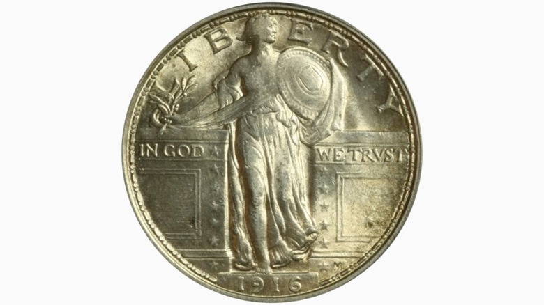 A bronzed cast of an early edition of the 1916 Type 1 Standing Liberty quarter