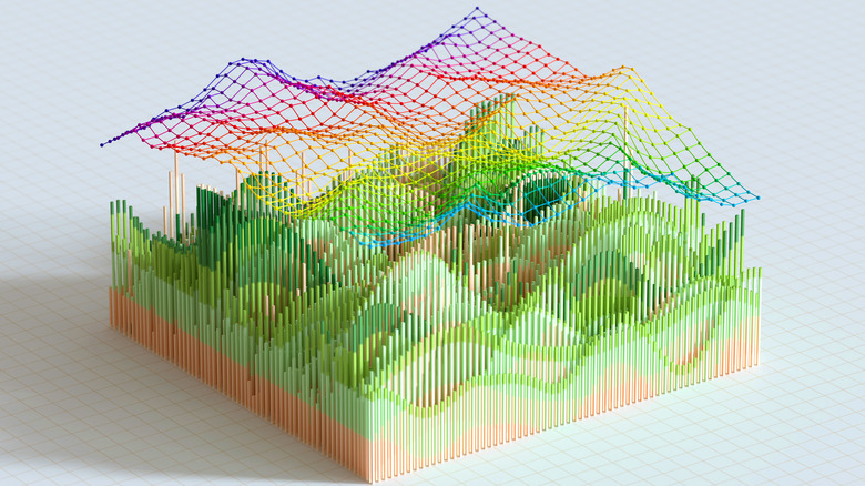 An abstract cubic and multicolor representation of rising and falling investments against an off-white background.