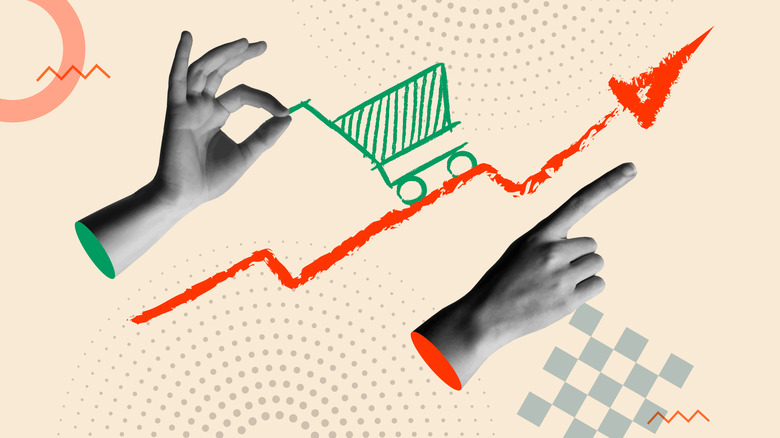 Two hands point up, while a grocery cart rides an upward trend of rising inflation