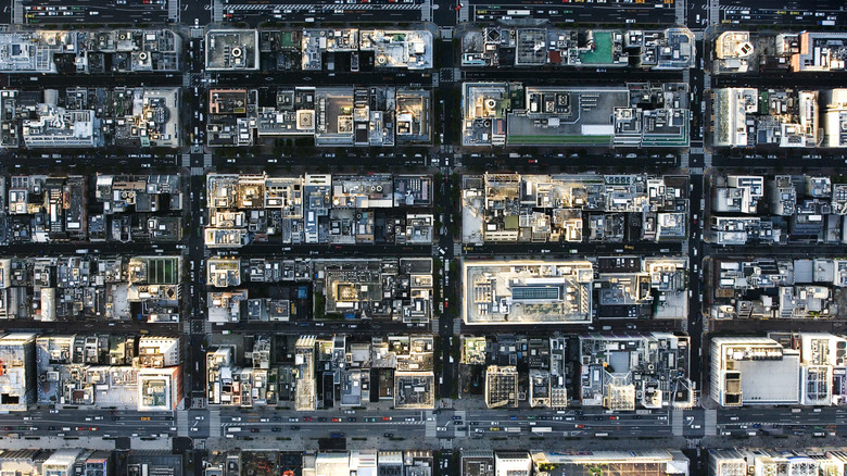 Aerial view of office buildings from above