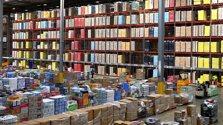 Warehouse floor, shelves are full