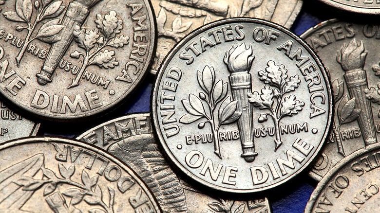 Extreme close-up of a spread of U.S. dime coins turned to their reverse