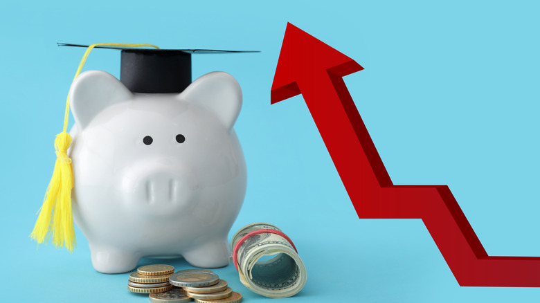 A piggy bank wearing a graduation cap next to an arrow pointing upward.