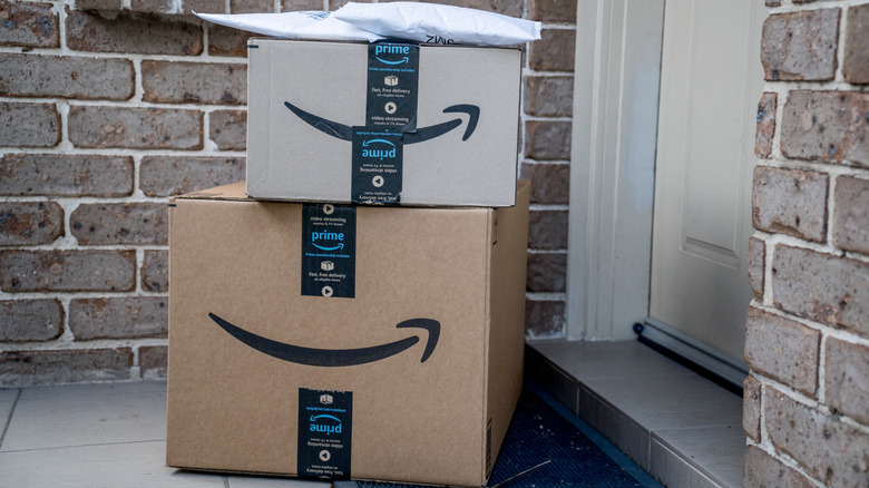 Amazon Prime boxes and envelops on a doorstep