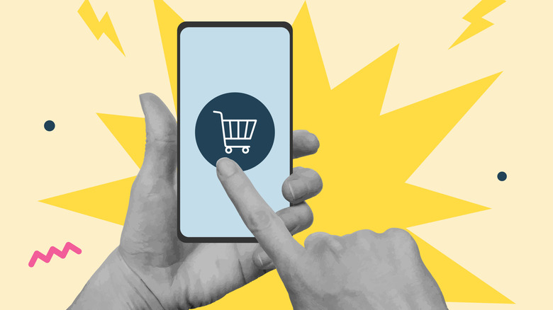 A flat graphic representation of a hand using a mobile phone to online shop.