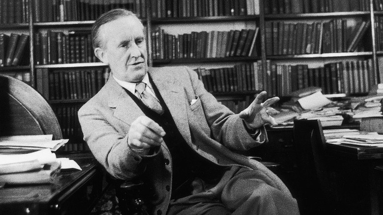 British author JRR Tolkien seen speaking in his study in December 1955