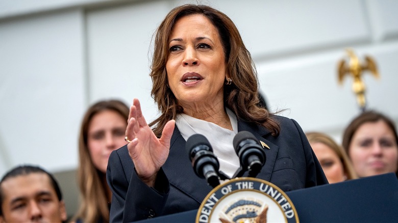 Kamala Harris speaking at podium