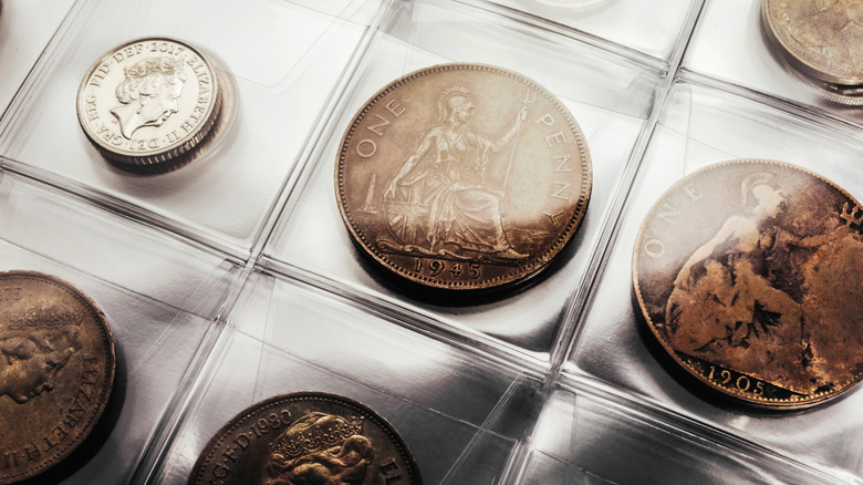 Various coins protected within the clear pockets of a plastic sleeve.