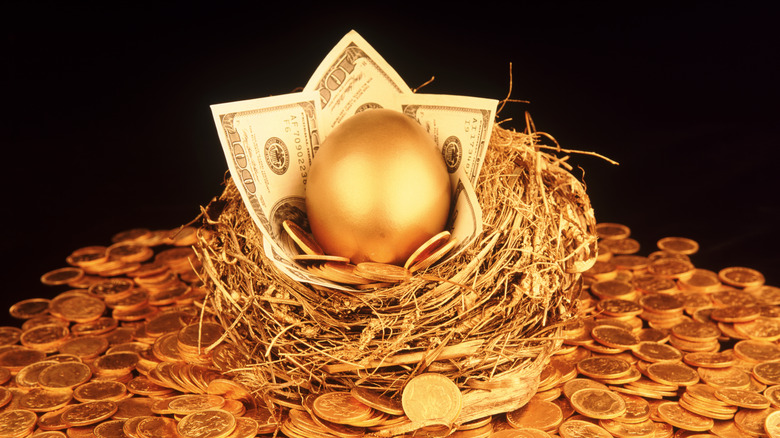 A golden egg and hundred-dollar bills in a bird's nest surrounded by coins.