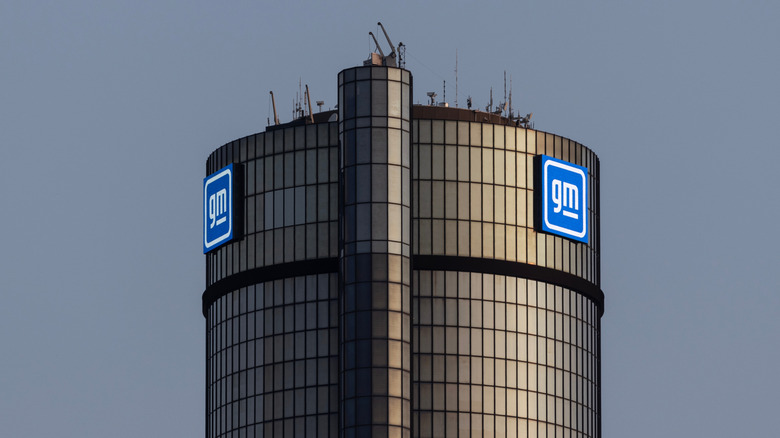 A close-up shot of the General Motors headquarters in Detroit, Michigan