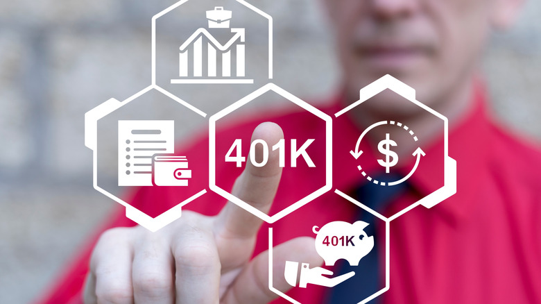 A blurry person in the background wearing a red shirt and black tie is pointing toward the front of the image where five white hexagons containing different images - a bar graph, a 401k symbol, a hand holding a piggy bank that says '401k', a piece of paper and a wallet, and a dollar sign surrounded by two opposing arrows.