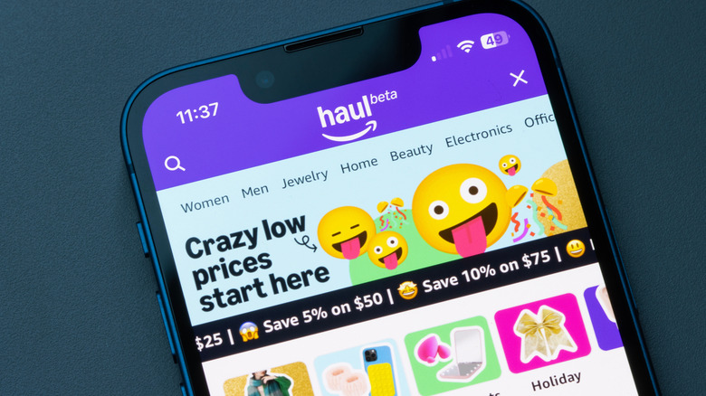 Amazon Haul, Amazon's answer to Temu, is pulled up on a mobile phone.