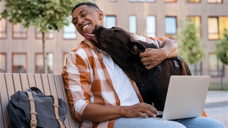 Person with dog at computer