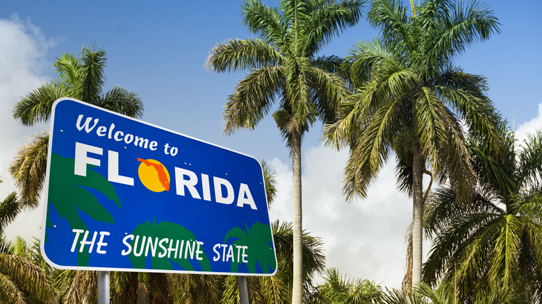 A blue sign reading "Welcome to Florida, the Sunshine State," with palm trees, blue sky and white clouds in the background.