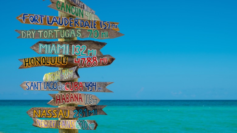 A wooden signpost with numerous wooden arrows attached that have the names and distance of cities around the world printed on them and a background of ocean and blue sky.