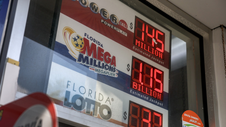 A sign shows the 1.15 billion dollar Mega Millions lottery jackpot