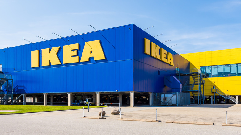 Exterior of an IKEA store in bright sunlight.