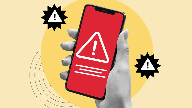 An artistic representation of a dangerous phone call, expressed with a red screen on a cell phone marked with an exclamatory alert, surrounded by similar warning symbols.