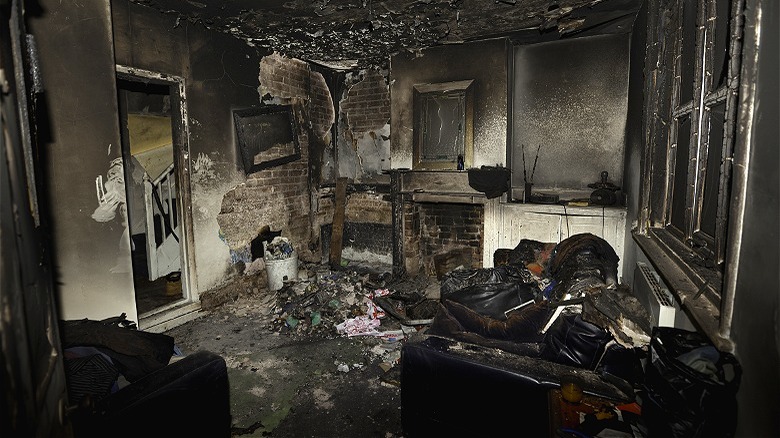 A burned living room