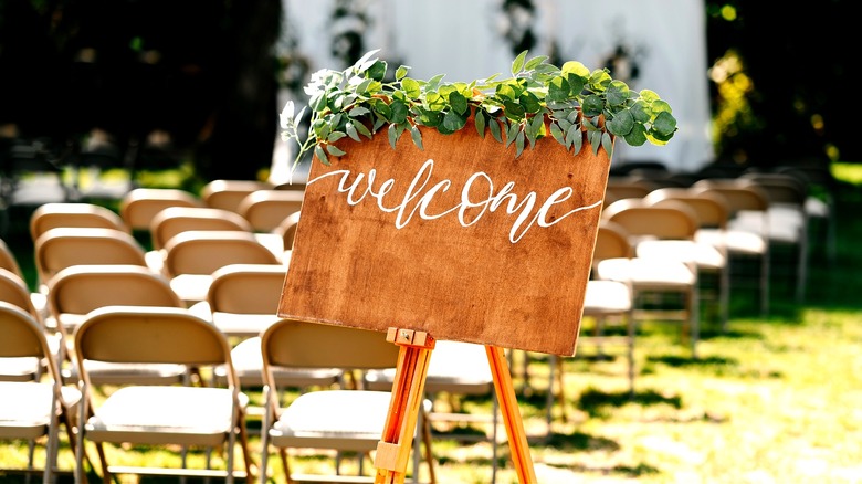 "Welcome" sign at wedding venue