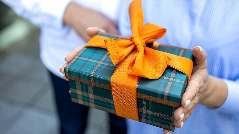 Person holding, presenting wrapped gift