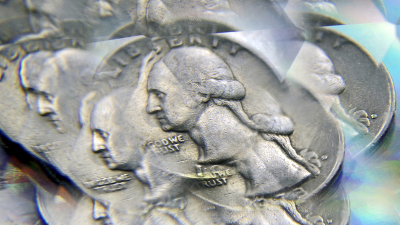 A U.S. quarter with a bust of Washington, shot through a prismatic lens for kaleidoscopic effect.