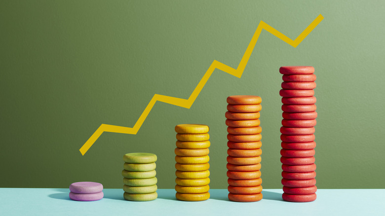 Coins arranged in a bar chart