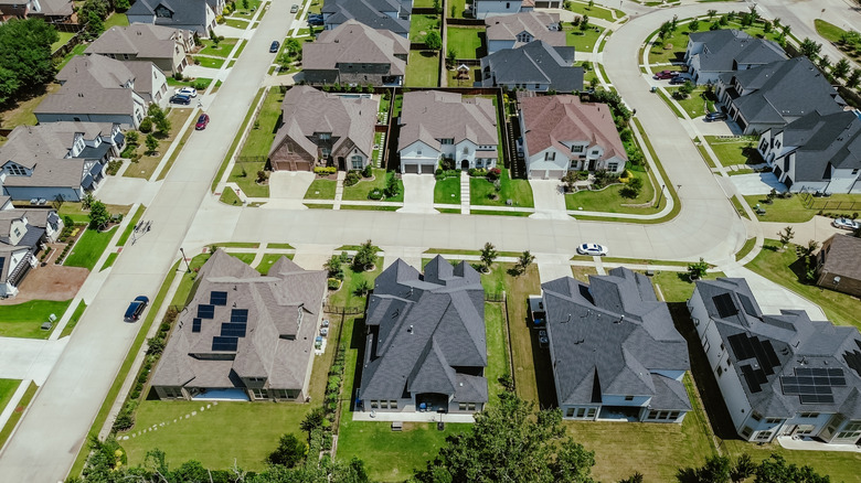 An overhead shot of a suburban neighborhood