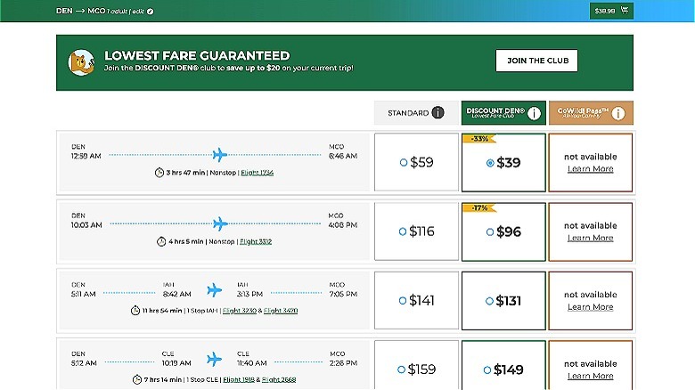 Frontier Airlines ticket pricing screen