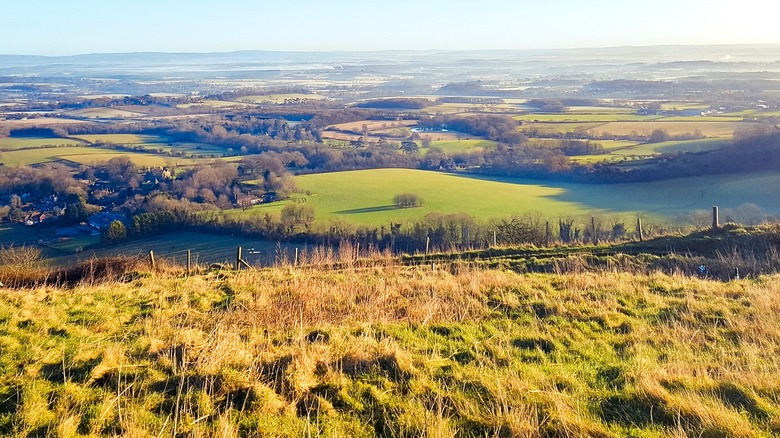 The beautiful rolling hills of the English countryside on a sunny, blue-sky day