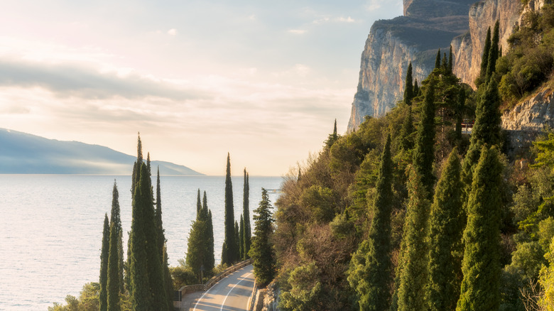 A cliffside drive around Lake Garda in Italy on a sunny and beautiful day.