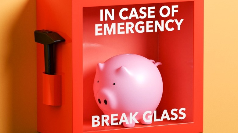 Piggy bank inside break glass in emergency box