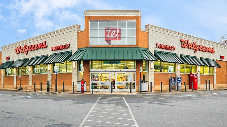 Parking-lot view of the front entrance of a Walgreens standalone store