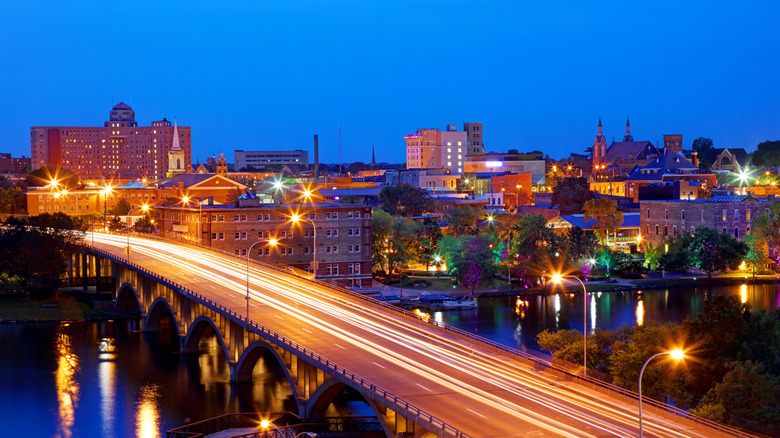 Aerial view of Rockford, Illinois at night