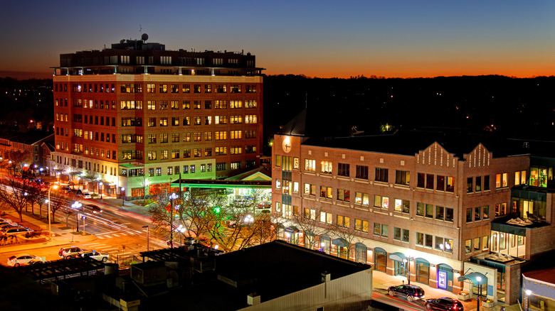 An aerial view of a nighttime scene of Ann Arbor, Michigan.