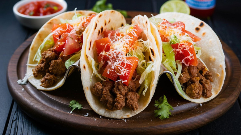 A delicious-looking trio of three ground-beef tacos with all the trimmings.